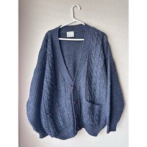 Vintage Cottage Knitwear Aran Cardigan Sweater Gray Wool Cableknit Men’s Size XL